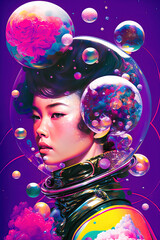Spacegirl Mädchen im Weltall Surreale Grafik Pop Zine Kulture Digital Art Generative AI Hintergrund Background Cover Illustration Magazin