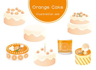 爽やかな色合いのオレンジのケーキ、イラストセット