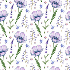 Watercolor seamless pattern purple tulip flowers on a white background.