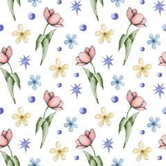 Watercolor seamless pattern purple tulip flowers on a white background.