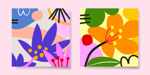 Fototapeta na wymiar Set of tropical flower and leaves hand drawn vector illustration.