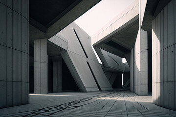 A cement modern futuristic architecture with a cement floor. Cement structure of buildings. Modern Building. Modern architecture. Generative AI.