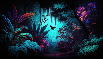 Night tropical jungle background. Atmospheric colorful rainforest. AI
