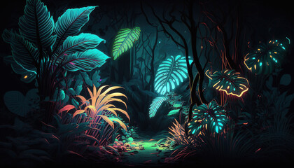 Fototapeta na wymiar Night tropical jungle background. Atmospheric colorful rainforest. AI
