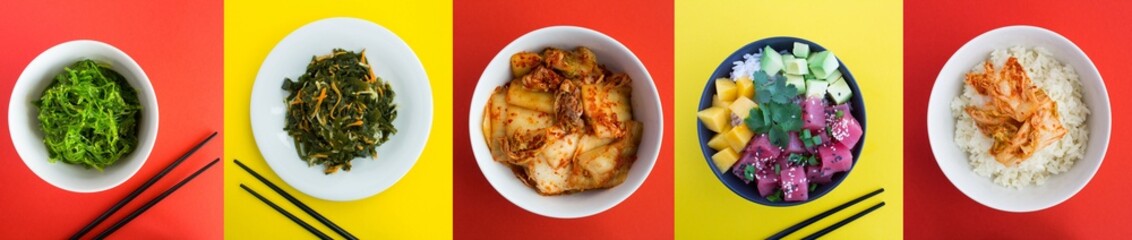 Collage. Asian food on the colored background.Top view. Close-up.