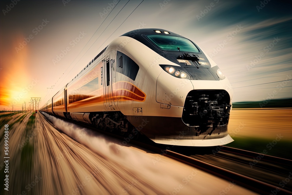 Poster a blurred image of a high-speed train traveling along a rail route generative ai