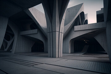 A cement modern futuristic architecture with a cement floor. Cement structure of buildings. Modern Building. Modern architecture. Generative AI.