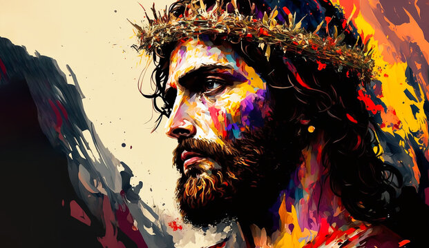 Abstract art. Colorful painting art of Jesus with a crown of thorns. Easter, Crucification or Resurrection concept. He is Risen. Generative AI.