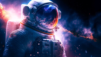 Astronaut standing in front of big space ship with planet background. Scenery of alien surface, spaceman and sky. mission, technology, science created with Generative AI