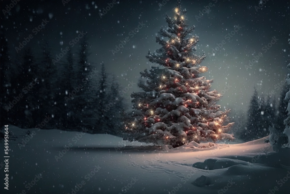 Poster background of a christmas tree covered with snow generative ai