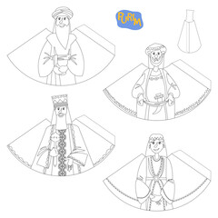 Template for 3D cut out figures of characters of Esther Book (Achashveirosh, Mordechai, Esther, Haman). Purim. Jewish holiday. Coloring page