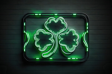 Realistic isolated neon sign of Clover, luck for Saint Patrick's Day, created with Generative AI