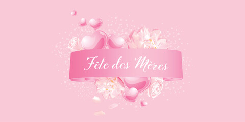 Fototapeta na wymiar French Mother's day banner with pink hearts - celebration design