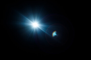 Easy to add lens flare effects for overlay designs or screen blending mode to make high-quality images. Abstract sun burst, digital flare, iridescent glare over black background.