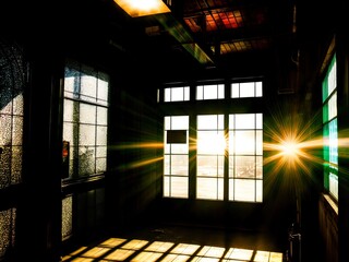 Sunlight streaming through glass window.,