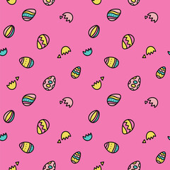 Easter eggs hunt seamless pattern. Groovy retro egg background. Abstract eggy surface design for Easter wrapping or invitation cards. 70s vintage style. Linear doodle vector illustration.