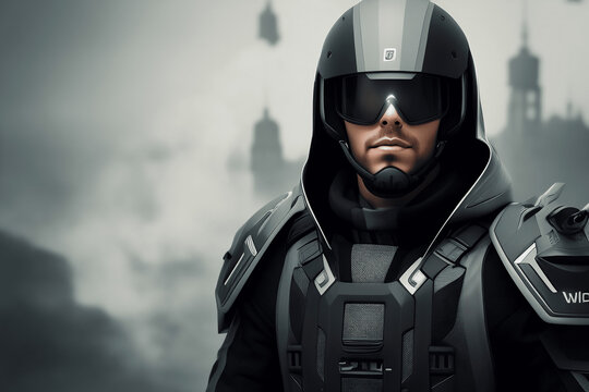 A man in black armor and shades looks like futuristic police with soft focus future city in the background. Generated AI.