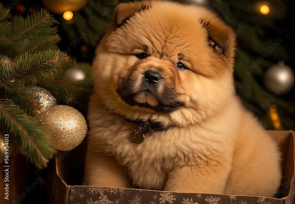 Poster puppy chow chow wrapped in paper and placed under the tree for santa generative ai