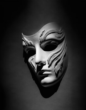Illustration of the art of the ancient Greek theater, the mask of drama and comedy on a black background. Classical ancient Greek culture