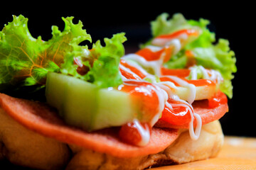 close-up of a Delicious fresh burger layer with some vegetables, sauce, patty and a piece of bread