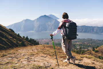 Anonymous traveler with trekking pole admiring mountains