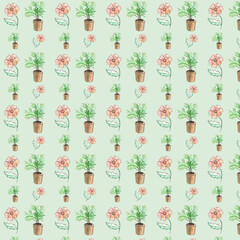 Watercolor floral pattern with palm tree, red flower with one green leaf and potted palm tree on green background