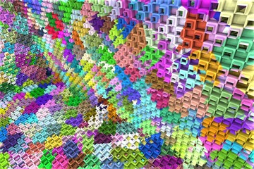 3D ILLUSTRATION RENDERING. ABSTRACT BACKGROUND SQUARE PATTERN DIMENSION OBJECT TRENDY COLORFUL GEOMETRY DISTORTED EFFECT GRAPHIC TEXTURE. PERSPECTIVE SCIENCE TECHNOLOGY PRESENTATION RANDOM DESIGN.
