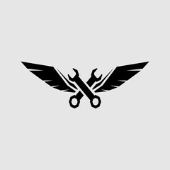A motorcycle or car repair shop logo with a wrench and wings illustrates how to keep the repair shop in the air and famous