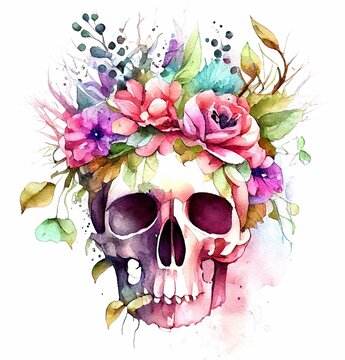 Skull with pink flowers watercolor illustration holiday Day of the Dead