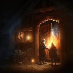 Obraz premium Two adventurers stand in front of a magic doorway. 