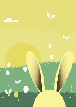 Set of backgrounds for the text dedicated to the holiday of Easter.   . Spring morning meadow with easter bunny, basket with eggs. Cute picture nature animals sunny colors. Set of Easter backgrounds