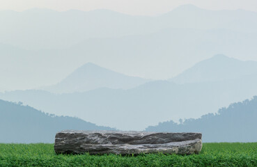 Stone granite podium rock table top on green grass with outdoor mountain scene nature landscape at...