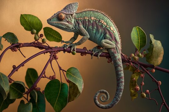 a chameleon native to the Mediterranean region sunning itself on a limb of a carob tree Generative AI