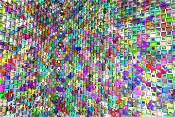 Fototapeta premium 3D ILLUSTRATION RENDERING. ABSTRACT BACKGROUND SQUARE PATTERN DIMENSION OBJECT TRENDY COLORFUL GEOMETRY DISTORTED EFFECT GRAPHIC TEXTURE. PERSPECTIVE SCIENCE TECHNOLOGY PRESENTATION RANDOM DESIGN.