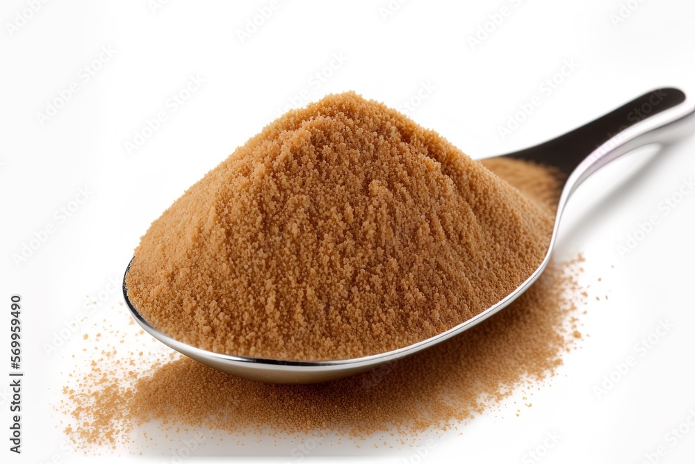 Poster sugar on a brown spoon on a white background generative ai