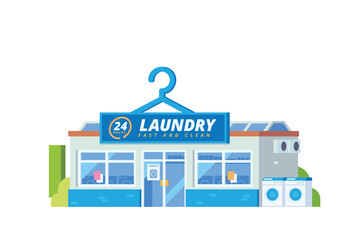 Vector local laundry building flat design illustration