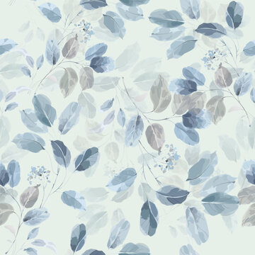 Seamless watercolor pattern of blue leaves and branches...Abstract art background vector.