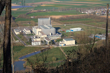 Würgassen, Germany - 03 23 2020: Aerial view of the nuclear power plant with office buildings,...