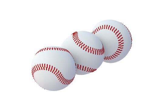 Row of baseball balls isolated on white background. Sports equipment. 3d render