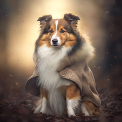 Dog in a coat, bright beautiful autumn background. Generative AI