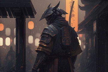 Fototapeta na wymiar samurai's background samurai in a futuristic cyberpunk world, Generative AI 