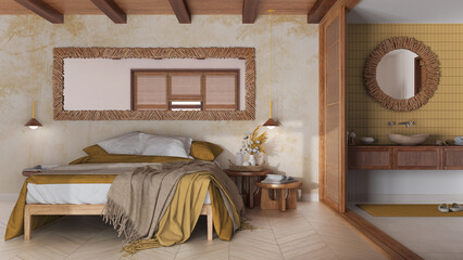 Farmhouse bedroom and bathroom in white and yellow tones. Double bed, paper door and washbasin. Parquet floor and tiles, japandi interior design
