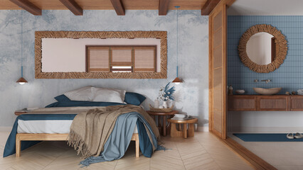 Farmhouse bedroom and bathroom in white and blue tones. Double bed, paper door and washbasin. Parquet floor and tiles, japandi interior design