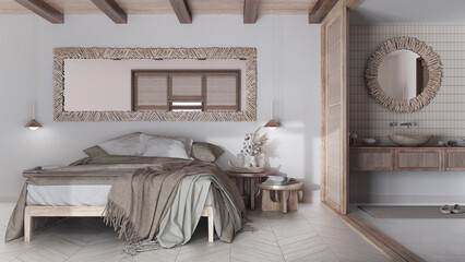 Fototapeta na wymiar Farmhouse bedroom and bathroom in white and bleached tones. Double bed, paper door and washbasin. Parquet floor and tiles, japandi interior design