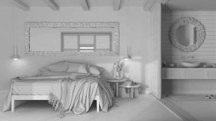 Total white project draft, farmhouse bedroom and bathroom. Double bed, paper door and washbasin. Parquet floor and tiles, japandi interior design