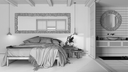 Blueprint unfinished project draft, farmhouse bedroom and bathroom. Double bed, paper door and washbasin. Parquet floor and tiles, japandi interior design