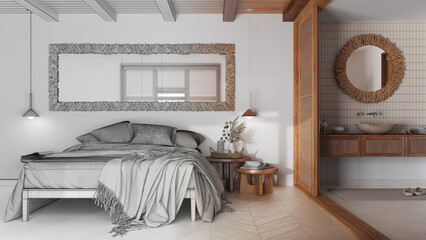 Architect interior designer concept: hand-drawn draft unfinished project that becomes real,...