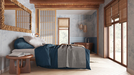 Japandi bedroom and bathroom in white and blue tones. Double bed, paper door and wooden bathtub. Parquet floor and tiles, farmhouse interior design