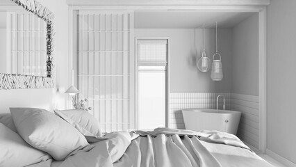 Total white project draft, japandi bedroom and bathroom. Double bed close-up, paper door and freestanding bathtub. Parquet and tiles, farmhouse interior design