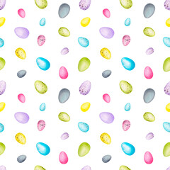 Seamless watercolor pattern with Easter decor on a white background. Watercolor design for packaging, wrapping, wallpaper, fabric, textile..